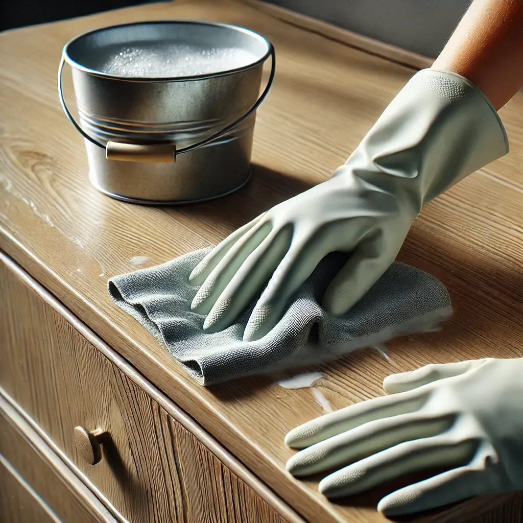 Reinigung einer Möbeloberfläche mit Handschuhen, Seifenwasser und einem Tuch, um Staub und Fett für optimale Tapetenhaftung zu entfernen.