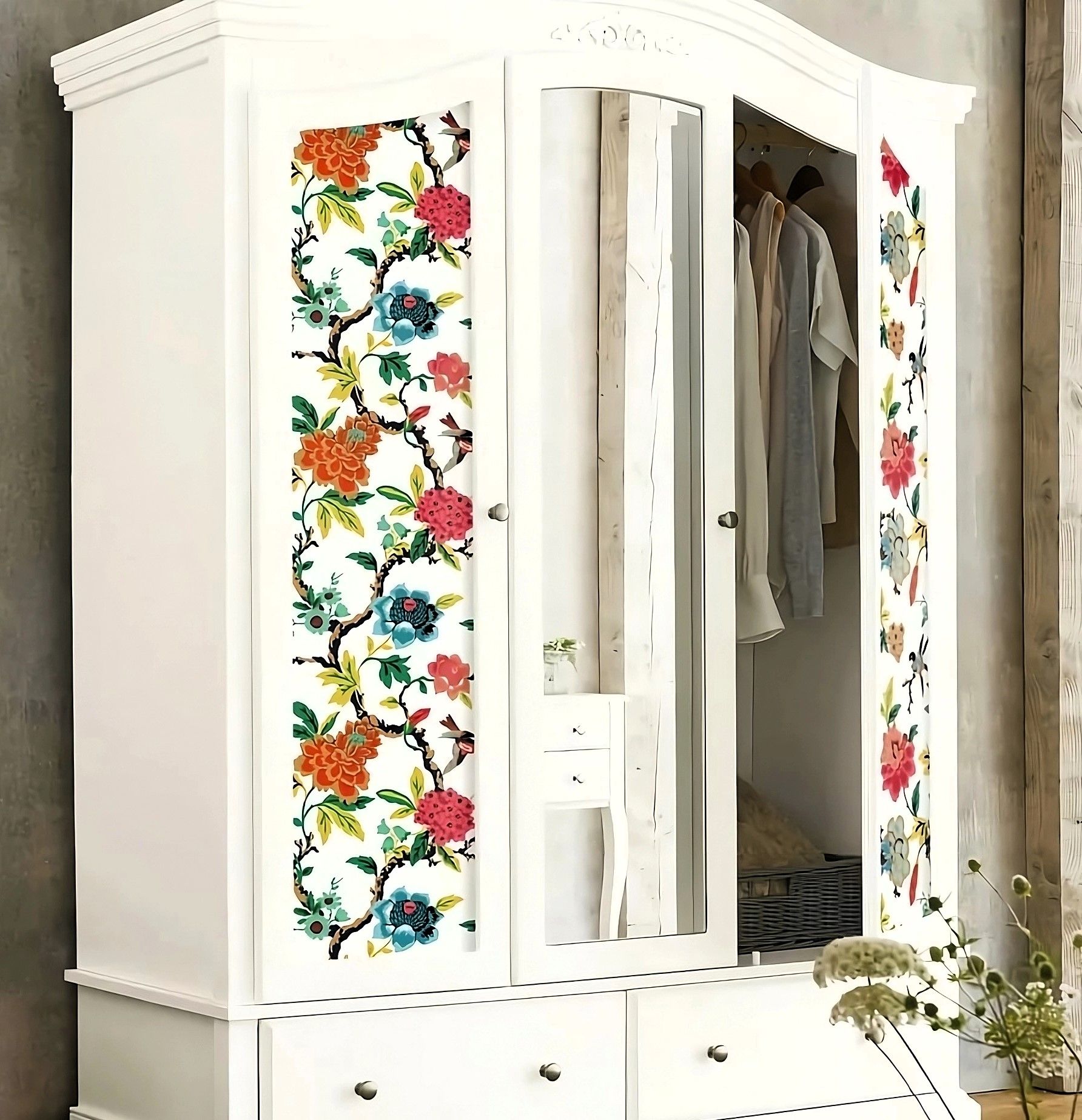 Weißer Kleiderschrank mit buntem floralen Peel-and-Stick-Tapetenmuster verziert, für eine einfache und auffällige Einrichtungsidee.