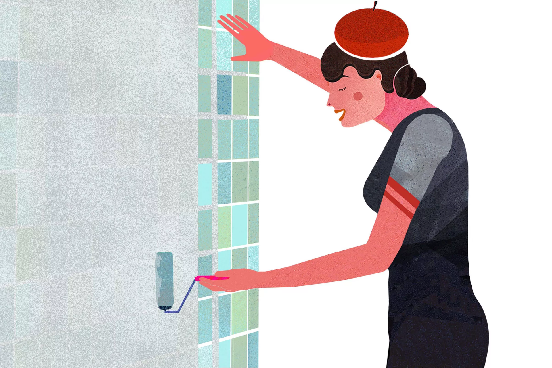 Illustration einer Frau, die Tapete über Fliesen klebt