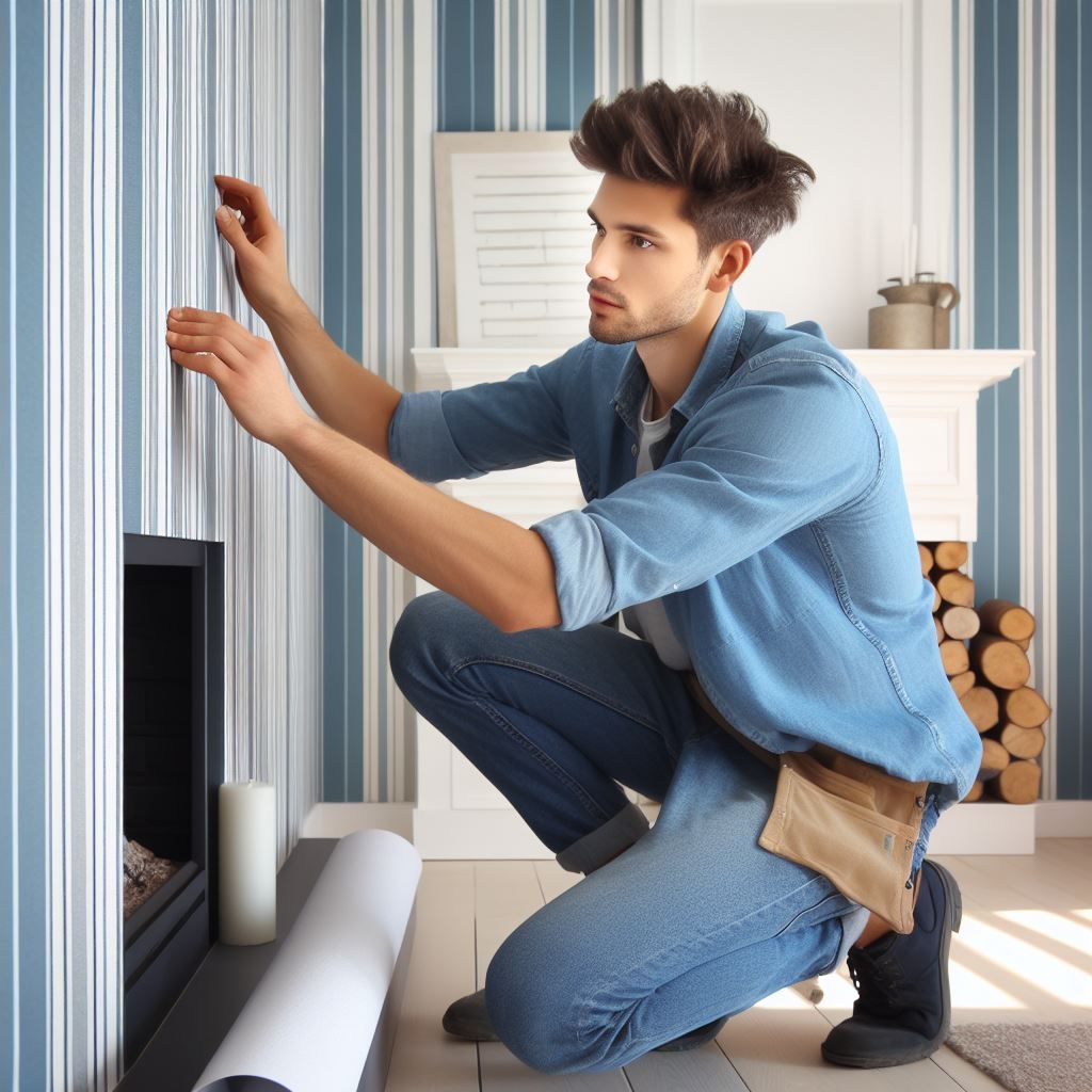 Ein Mann installiert Tapete über einem Kamin.