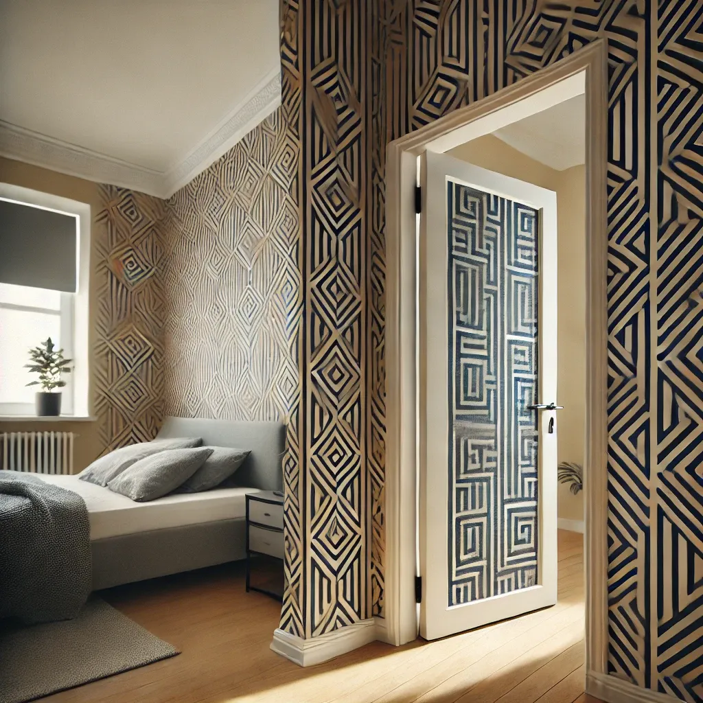 DALL-E-2024-08-20-14-46-33-A-photographic-style-image-showing-a-bedroom-door-that-has-been-wallpapered-with-a-dark-blue-geometric-pattern-The-surrounding-walls-are-painted-in-a