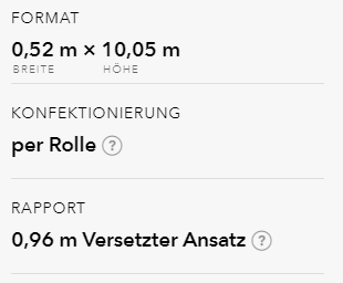 Auszug der Tapetenmodell-Infos mit Verkaufseinheit pro Rolle und Musterwiederholung
