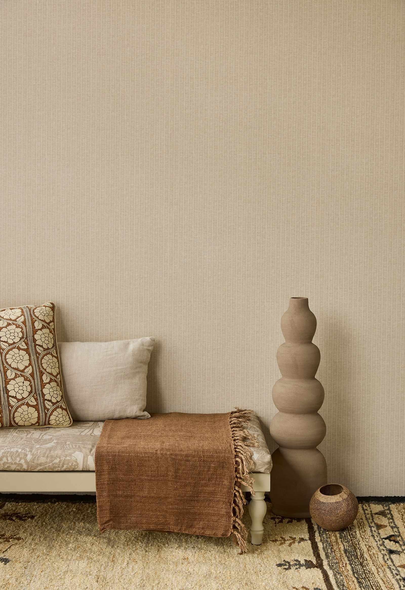 Striped Wallpaper Vertical Rattan Weave Room view